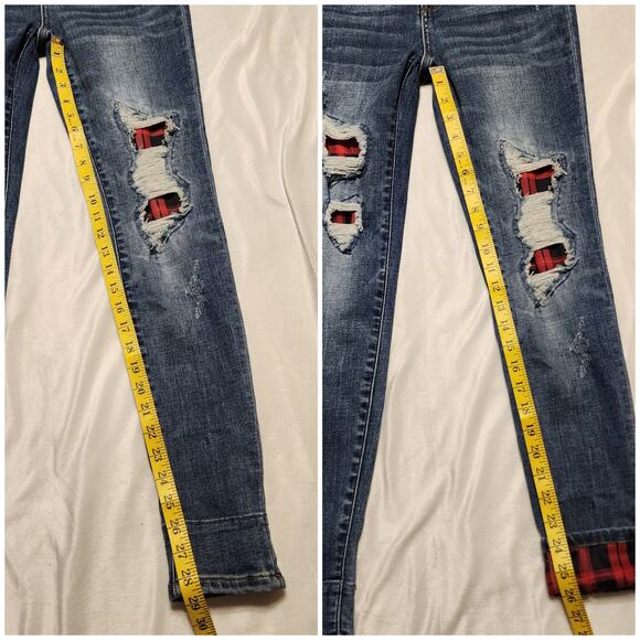 Judy Blue Distressed Buffalo Plaid Peek-A-Boo Roll Up Hem Torn Skinny Jeans 7/28 - Picture 6 of 7